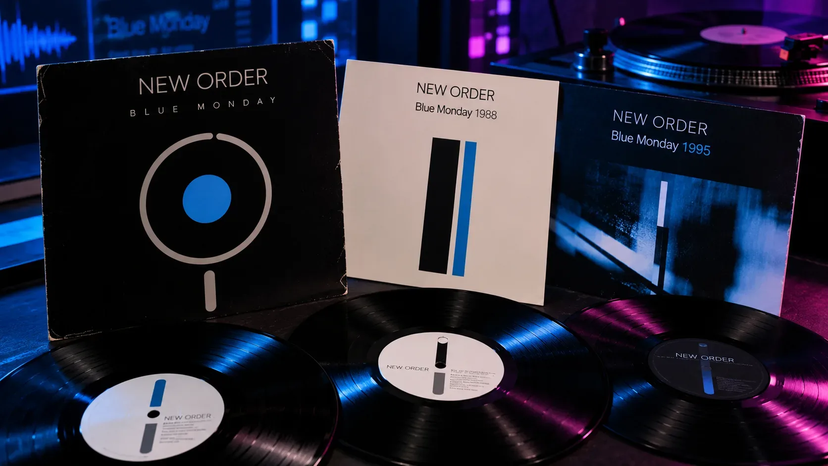 Três capas estilizadas de Blue Monday com o nome New Order e referências a 1988 e 1995, diante de discos de vinil e um toca-discos sob luzes azuis e rosas.