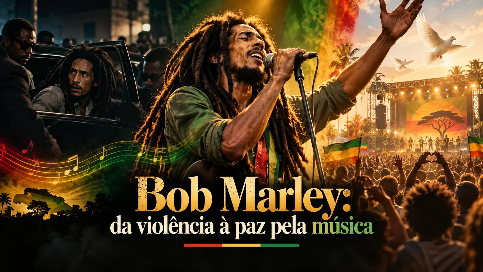 Ilustração de Bob Marley cantando ao microfone, com homens junto a um carro em uma cena escura à esquerda e um show com multidão, luzes e pombas à direita, sob o título sobre música e paz.