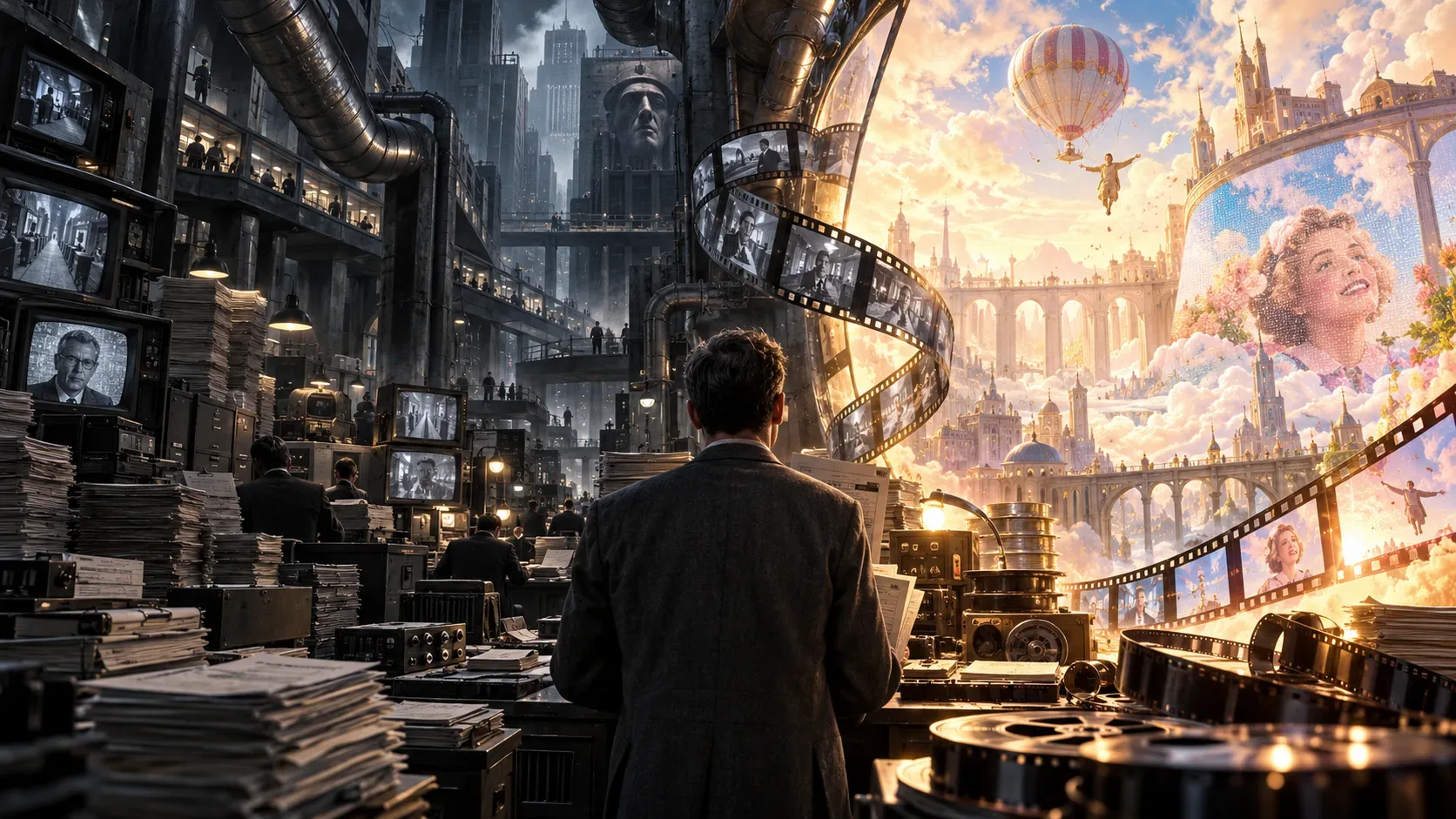Homem de terno diante de um escritório distópico repleto de papéis, dutos e monitores, contrastando com uma paisagem ensolarada de fantasia e rolos de filme.