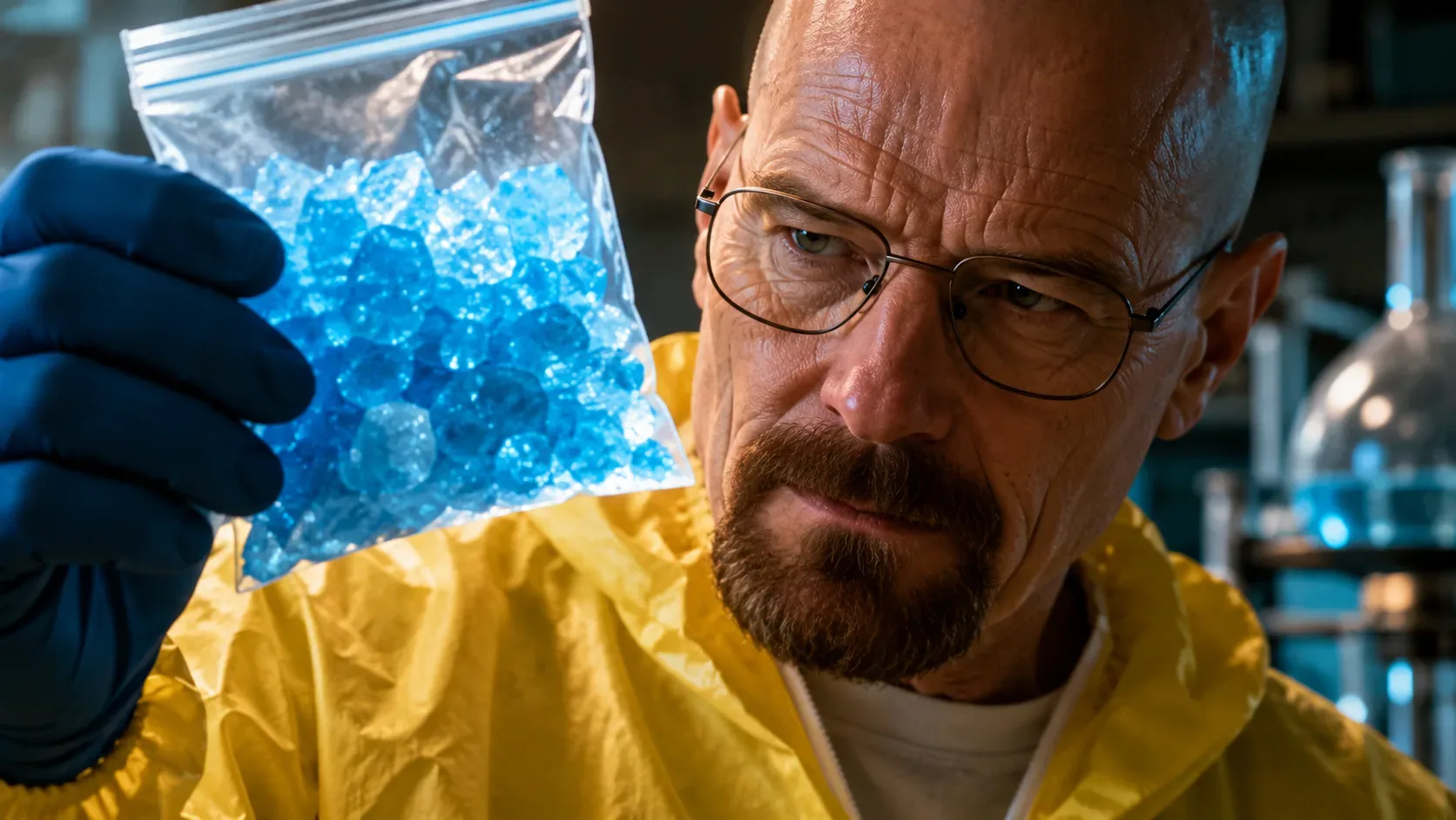 Homem careca de óculos, barba e roupa de proteção amarela observa um saco transparente com cristais azuis em um laboratório.