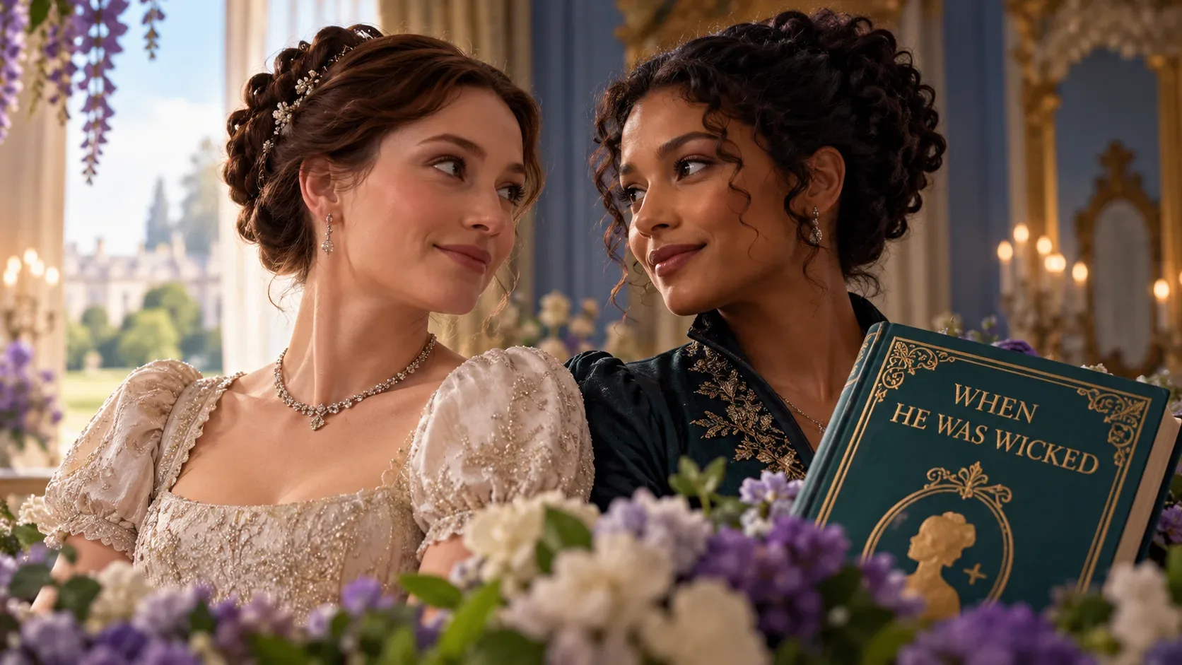 Duas mulheres em trajes de época trocam olhares em um salão ornamentado, entre flores, ao lado de um livro de capa verde-azulada.