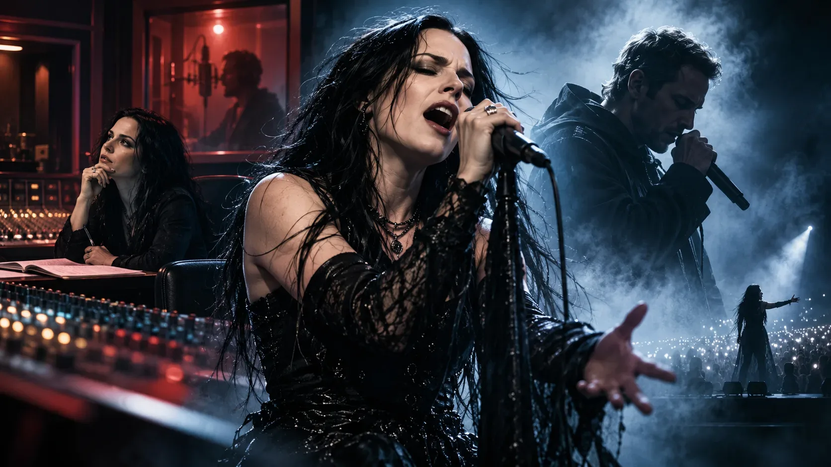 Montagem ilustrativa com uma cantora de cabelos pretos ao microfone em primeiro plano, outro vocalista à direita e estúdio musical iluminado em tons vermelhos e azuis ao fundo.