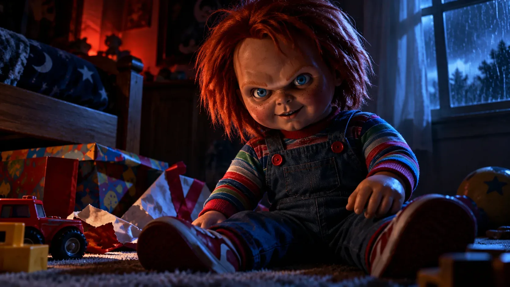 Boneco ruivo de olhos azuis sentado no chão de um quarto infantil escuro, com brinquedos espalhados e iluminação azul e vermelha.