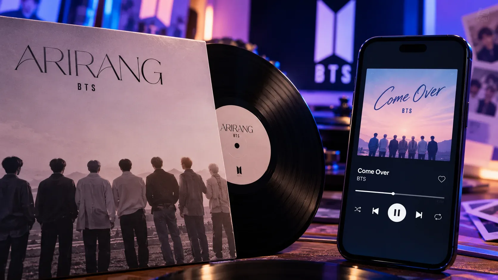 Composição editorial com um vinil de ARIRANG, capa ilustrada com sete figuras vistas de costas e celular exibindo Come Over, sob luzes roxas e azuis.