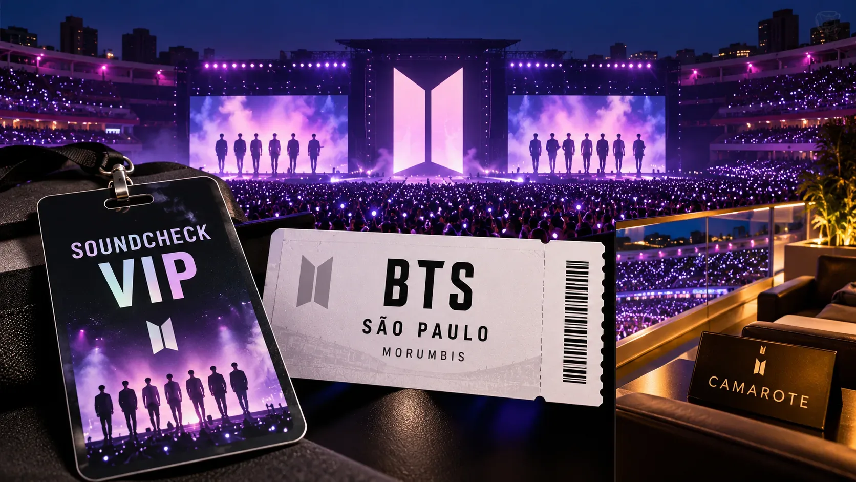 Ilustração de show em estádio iluminado de roxo, com crachá Soundcheck VIP, ingresso do BTS em São Paulo e área de camarote em primeiro plano.
