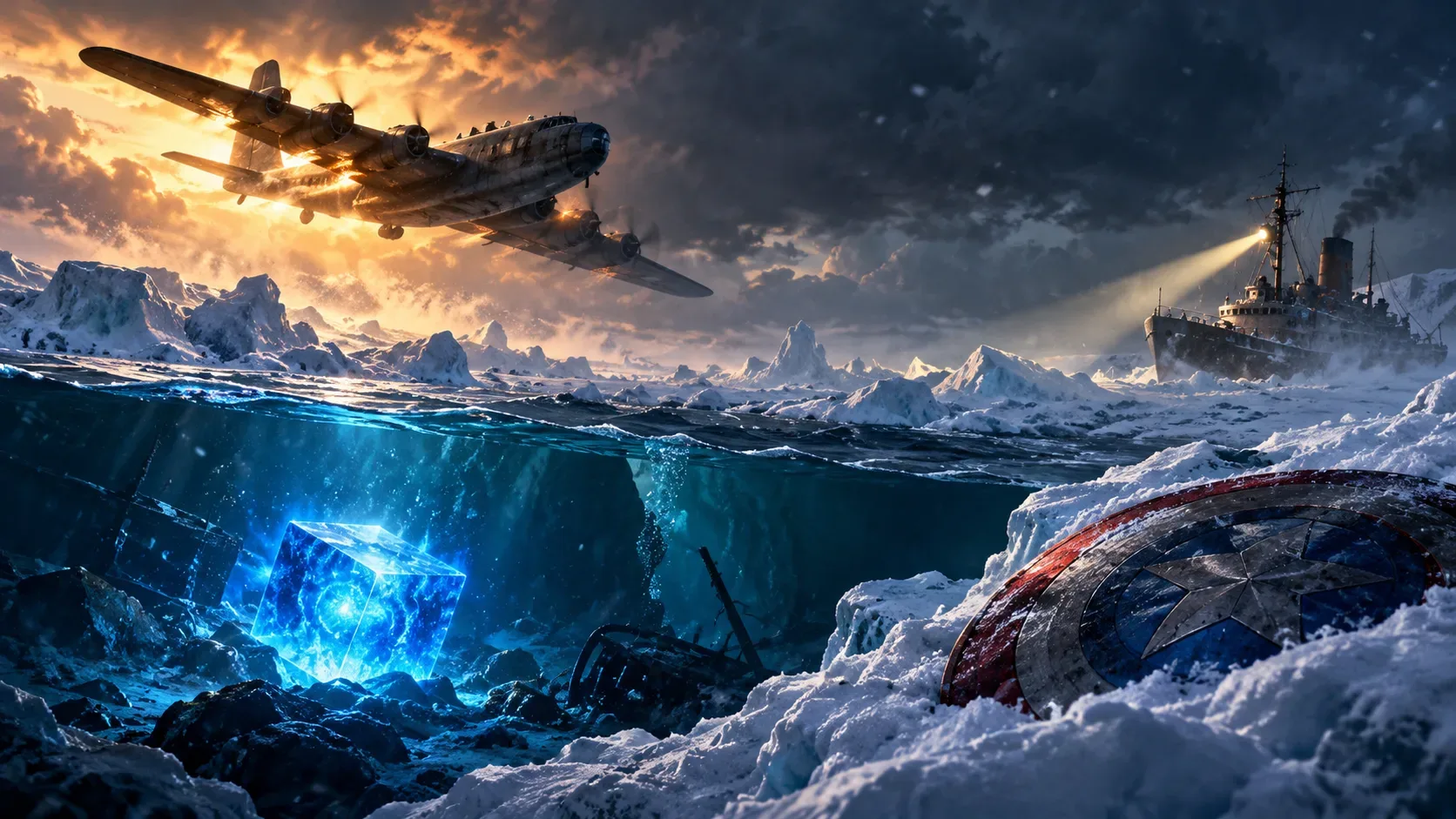 Arte editorial conceitual com bombardeiro da Segunda Guerra sobre o Ártico, navio de busca, cubo azul luminoso sob a água gelada e escudo circular parcialmente coberto de neve.