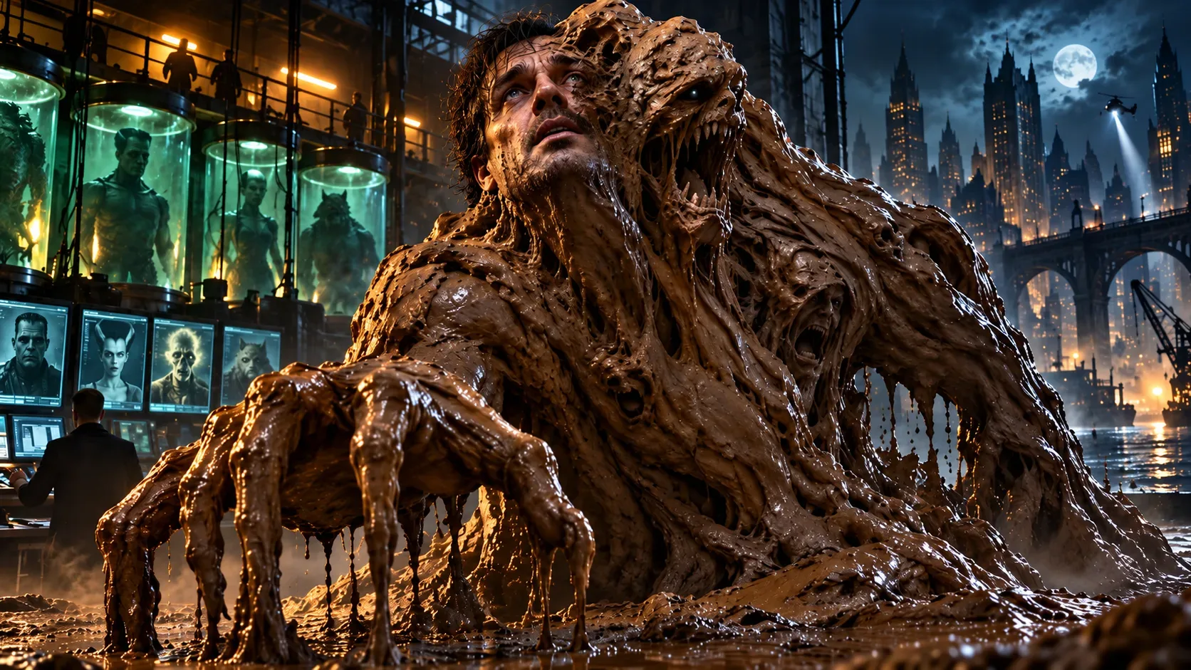 Monstro de barro gigante com parte de um rosto humano, diante de um laboratório com cápsulas verdes e uma cidade noturna ao fundo.