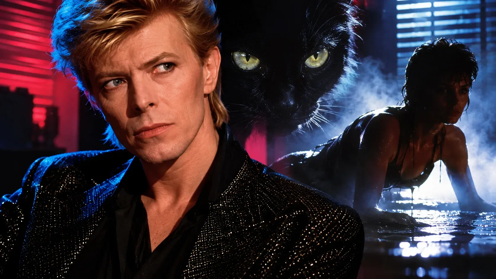 Arte cinematográfica com David Bowie em primeiro plano, uma pantera negra de olhos luminosos ao centro e uma figura feminina entre luzes azuis e vermelhas.