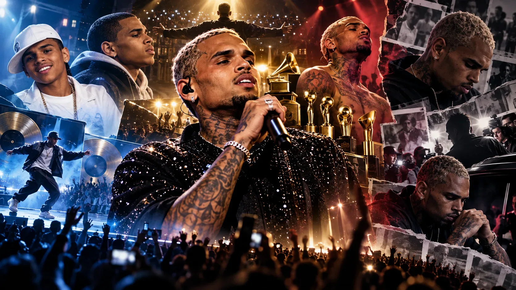 Montagem editorial de Chris Brown em diferentes fases da carreira, com microfone no palco, público, troféus dourados e fotografias em tons azuis e vermelhos.