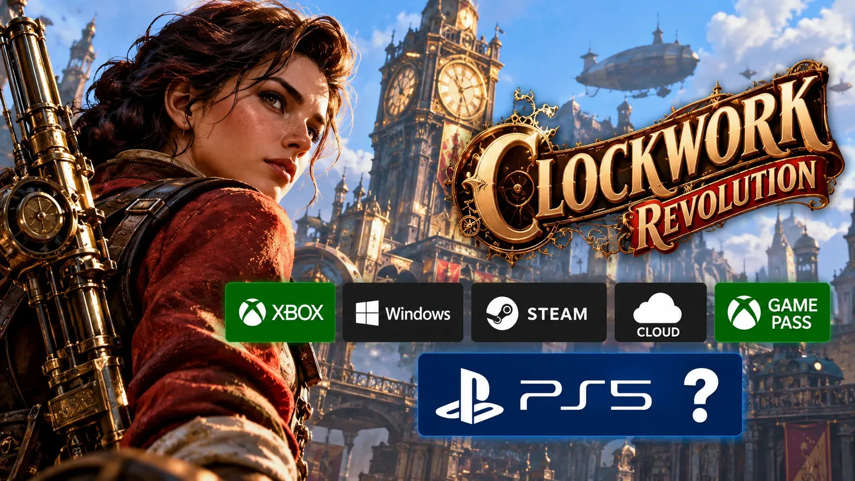 Ilustração de aventureira de roupa vermelha com arma mecânica diante de cidade steampunk com torres e dirigíveis; título Clockwork Revolution e ícones de Xbox, Windows, Steam, nuvem, Game Pass e PS5 com interrogação.