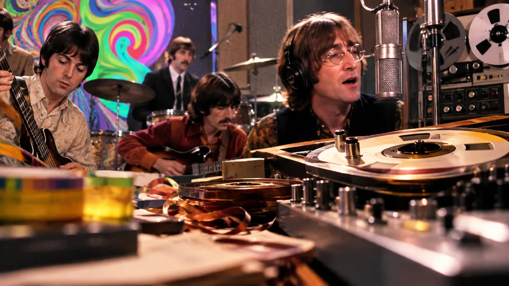 Arte editorial de estúdio musical dos anos 1960, com os quatro Beatles, microfone, instrumentos, gravadores de fita e cores psicodélicas ao fundo.