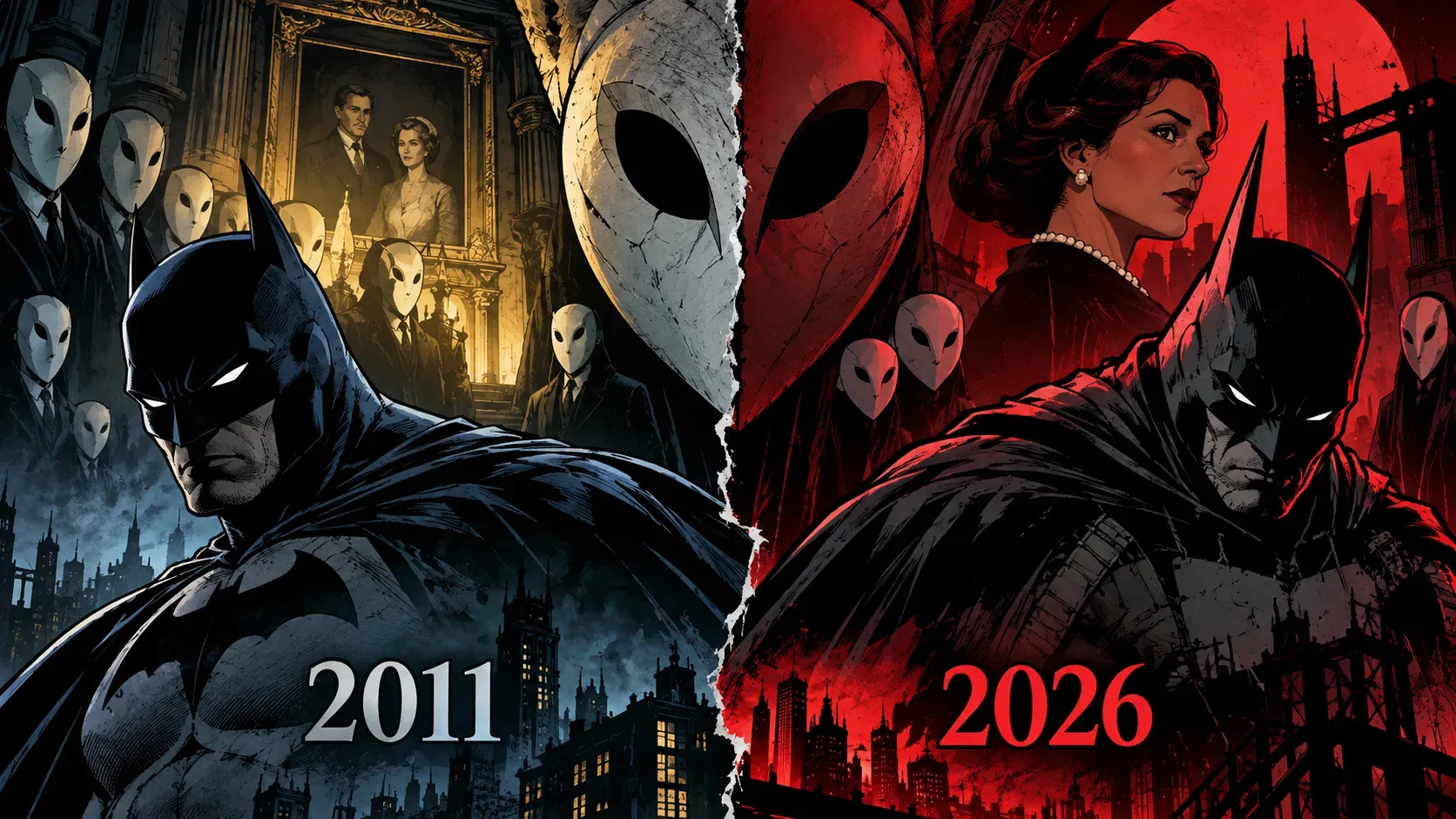 Ilustração em estilo de quadrinhos dividida entre um Batman em tons azuis, à esquerda, e outro em tons vermelhos, à direita, com máscaras de coruja, uma mulher ao fundo e os anos 2011 e 2026.