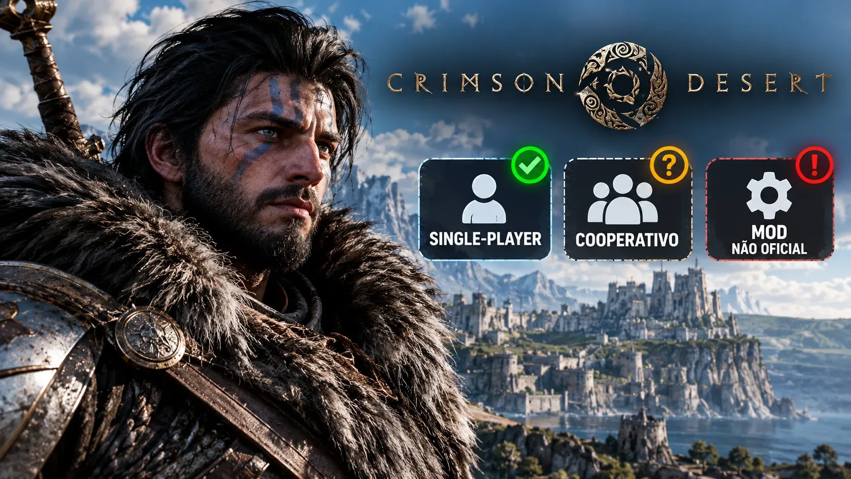 Guerreiro de cabelos escuros com pintura azul no rosto diante de uma fortaleza costeira, ao lado de quadros sobre single-player, cooperativo e mod não oficial.