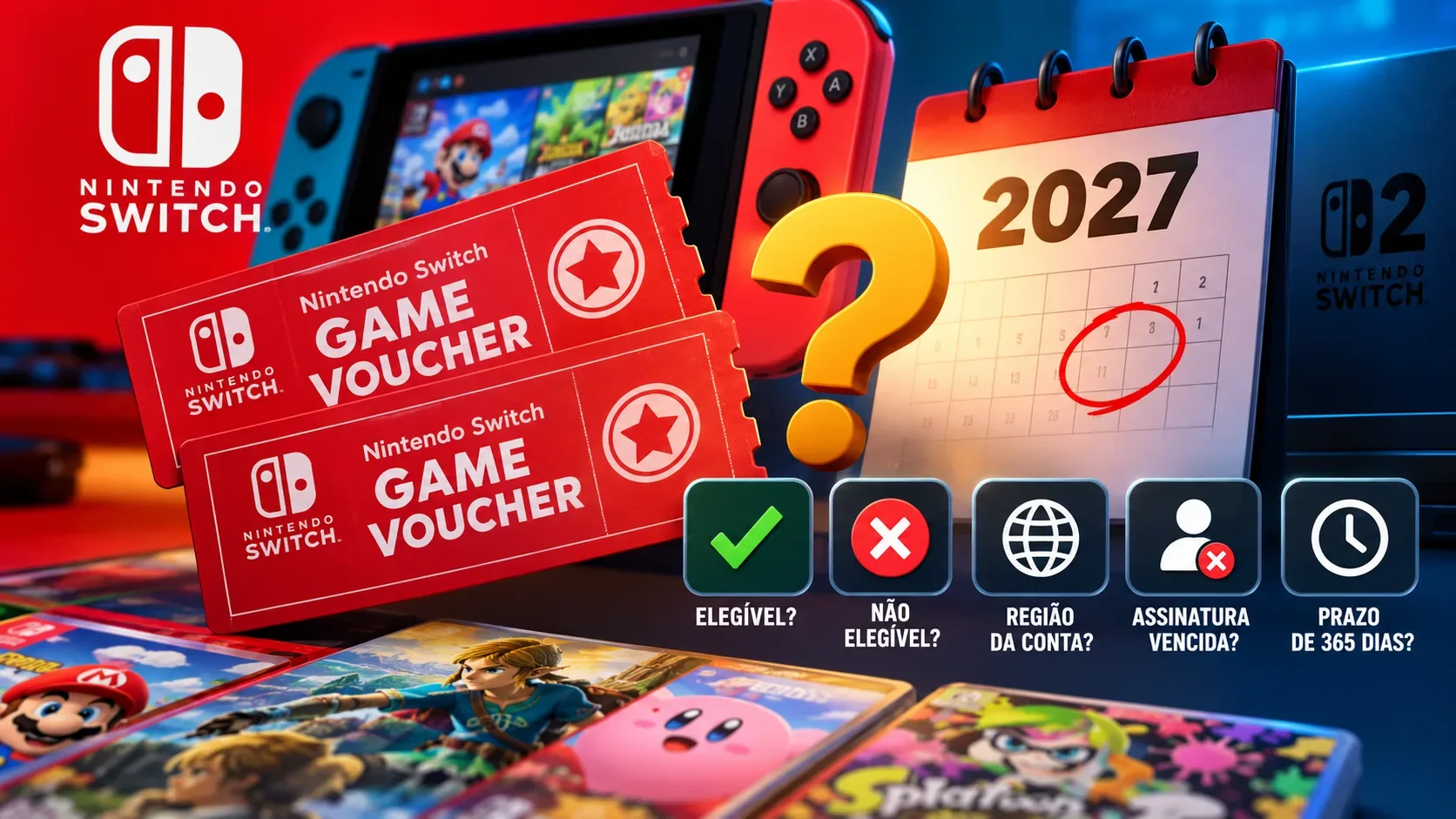 Arte com Nintendo Switch, cupons vermelhos, calendário de 2027 e ícones de elegibilidade, região, assinatura e prazo.