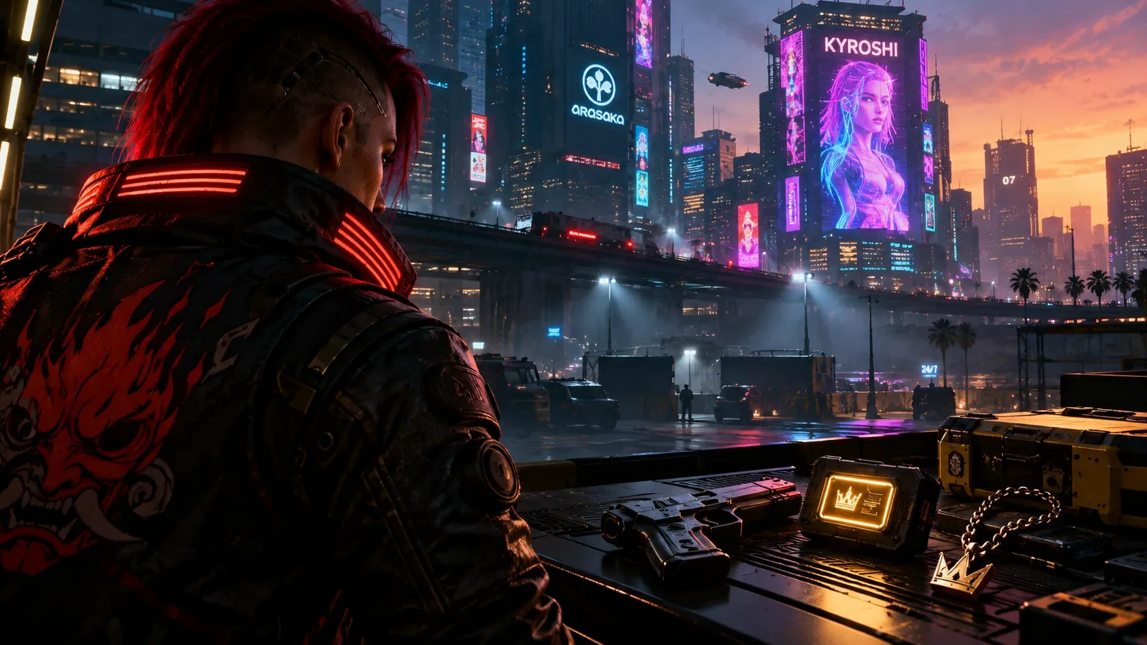 Figura de jaqueta escura observa uma cidade futurista iluminada por néon; sobre uma mesa estão uma arma e acessórios com símbolo de coroa.