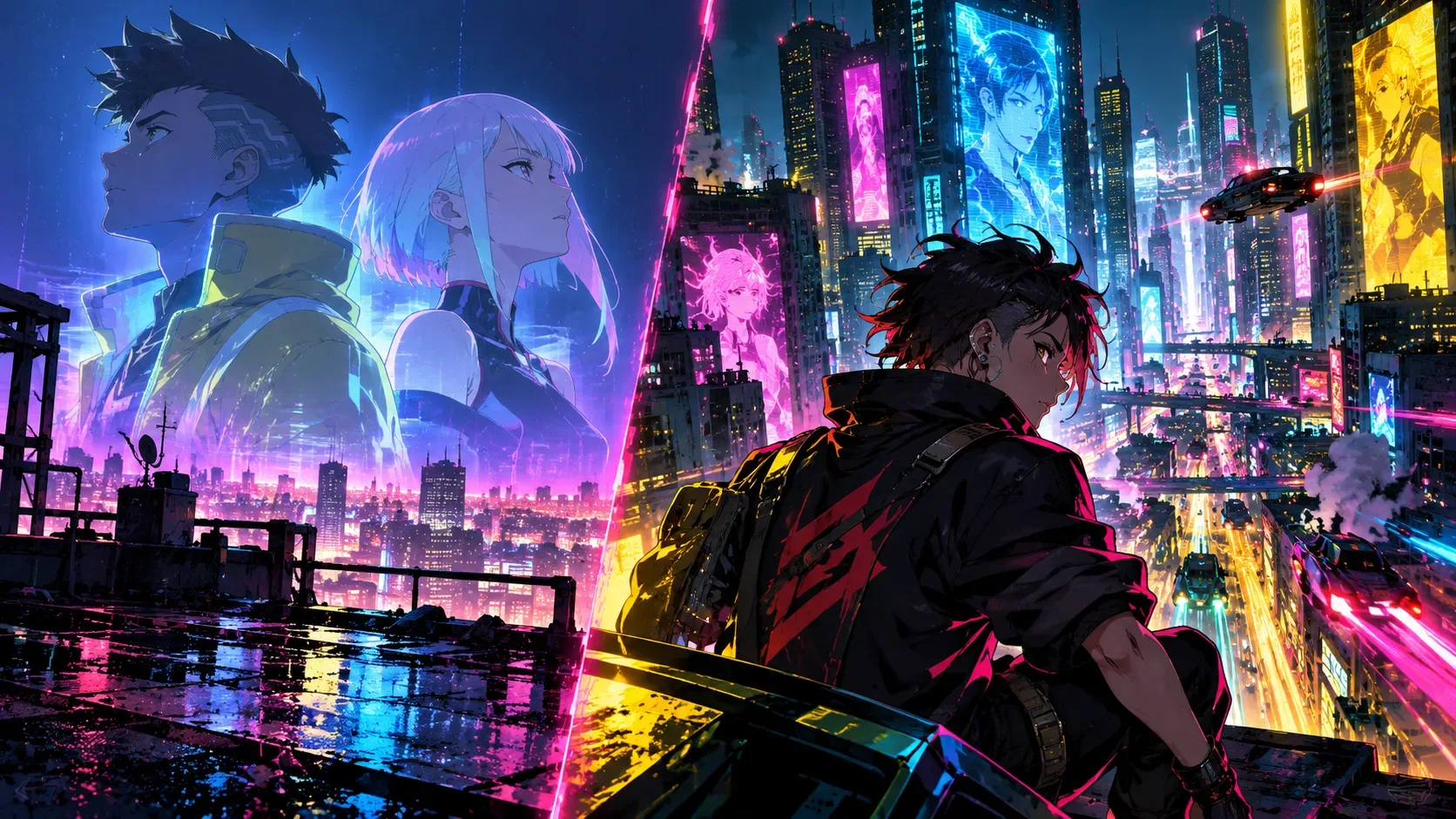 Ilustração em estilo anime de uma cidade futurista iluminada por neon à noite. À esquerda, um rapaz de cabelos escuros e uma jovem de cabelos claros aparecem como hologramas; à direita, outra figura observa os arranha-céus.