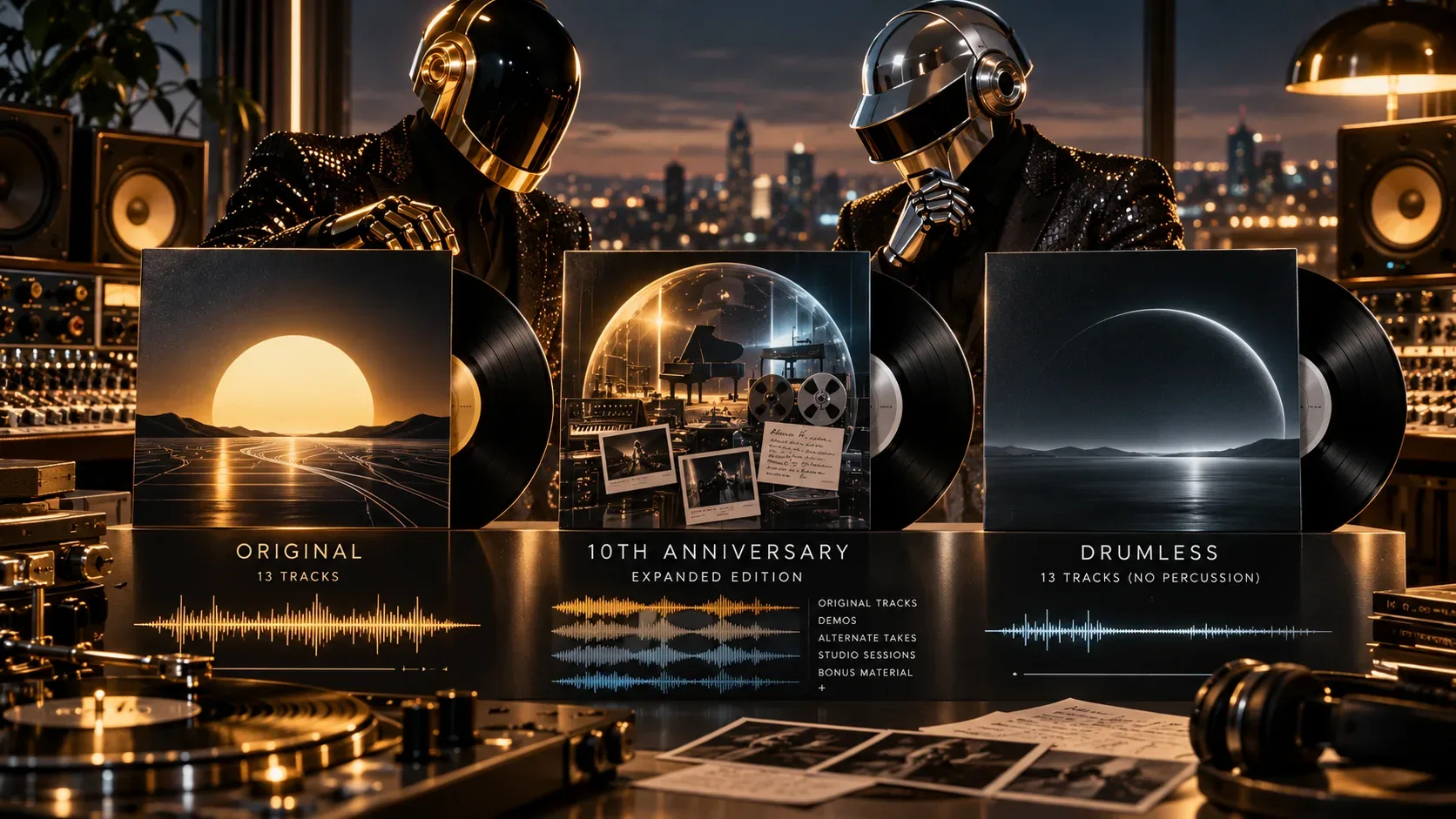 Dois músicos com capacetes robóticos em um estúdio noturno, atrás de três capas de vinil conceituais das edições Original, 10th Anniversary e Drumless.