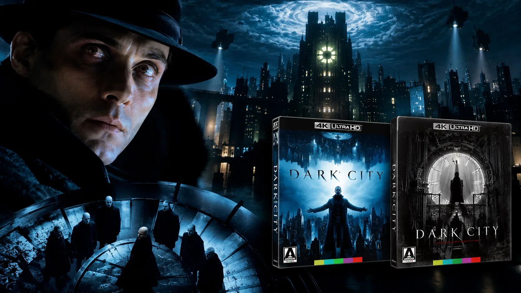 Arte cinematográfica de uma cidade noturna com torre de relógio, homem de chapéu à esquerda e duas caixas ilustradas de Dark City em 4K à direita.