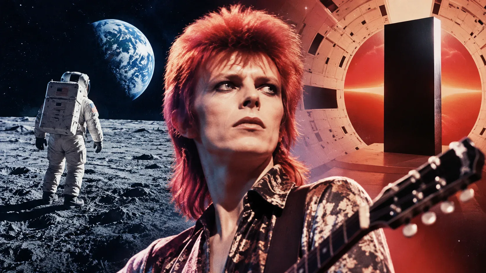 Montagem retrofuturista com músico inspirado em David Bowie e guitarra, astronauta na Lua, Terra ao fundo e monólito negro diante de estrutura espacial.