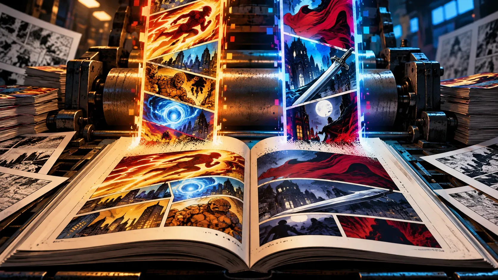 Uma prensa de quadrinhos transforma painéis digitais alaranjados e azulados em páginas de um livro aberto, entre rolos de impressão e pilhas de gibis.