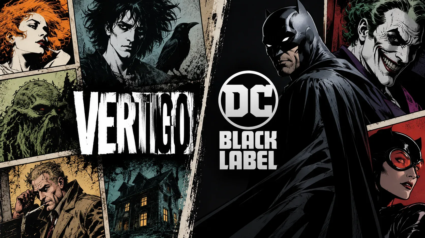Arte em estilo de quadrinhos dividida entre Vertigo, à esquerda, com figuras sombrias, e DC Black Label, à direita, com Batman e outros personagens da DC, além dos nomes dos selos.