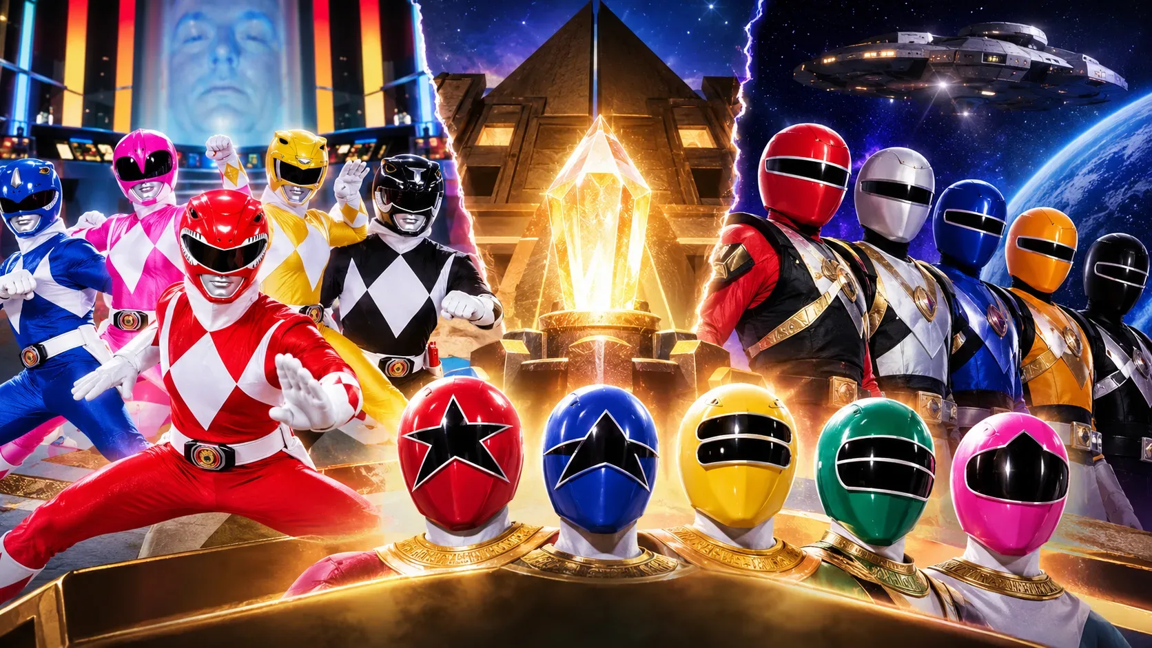 Arte horizontal com Rangers coloridos à esquerda, um cristal dourado luminoso ao centro e equipes de uniformes futuristas à direita, sobre cenário espacial.