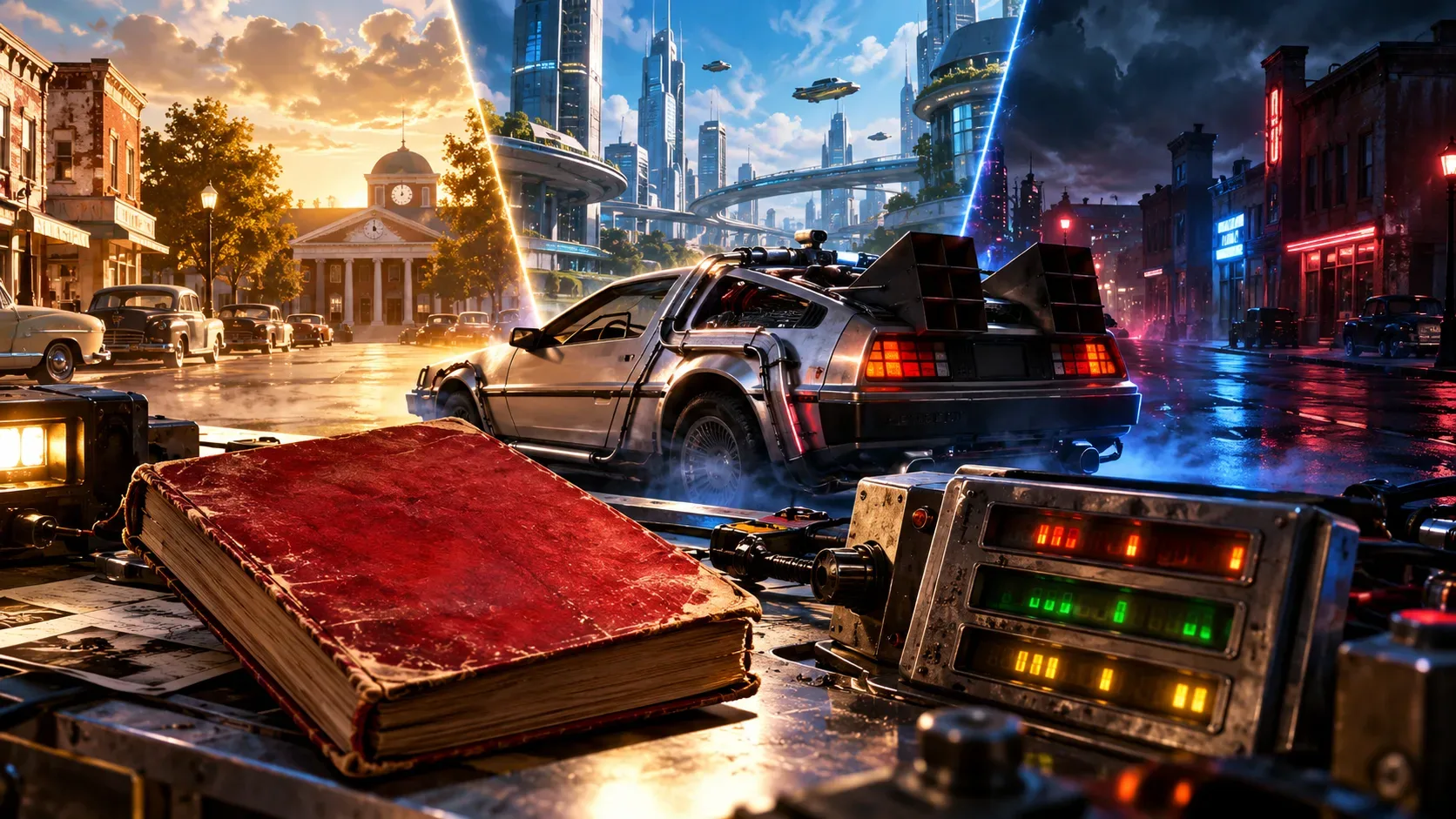 Carro prateado com equipamentos tecnológicos diante de paisagens urbanas de épocas diferentes, com um livro vermelho em primeiro plano.