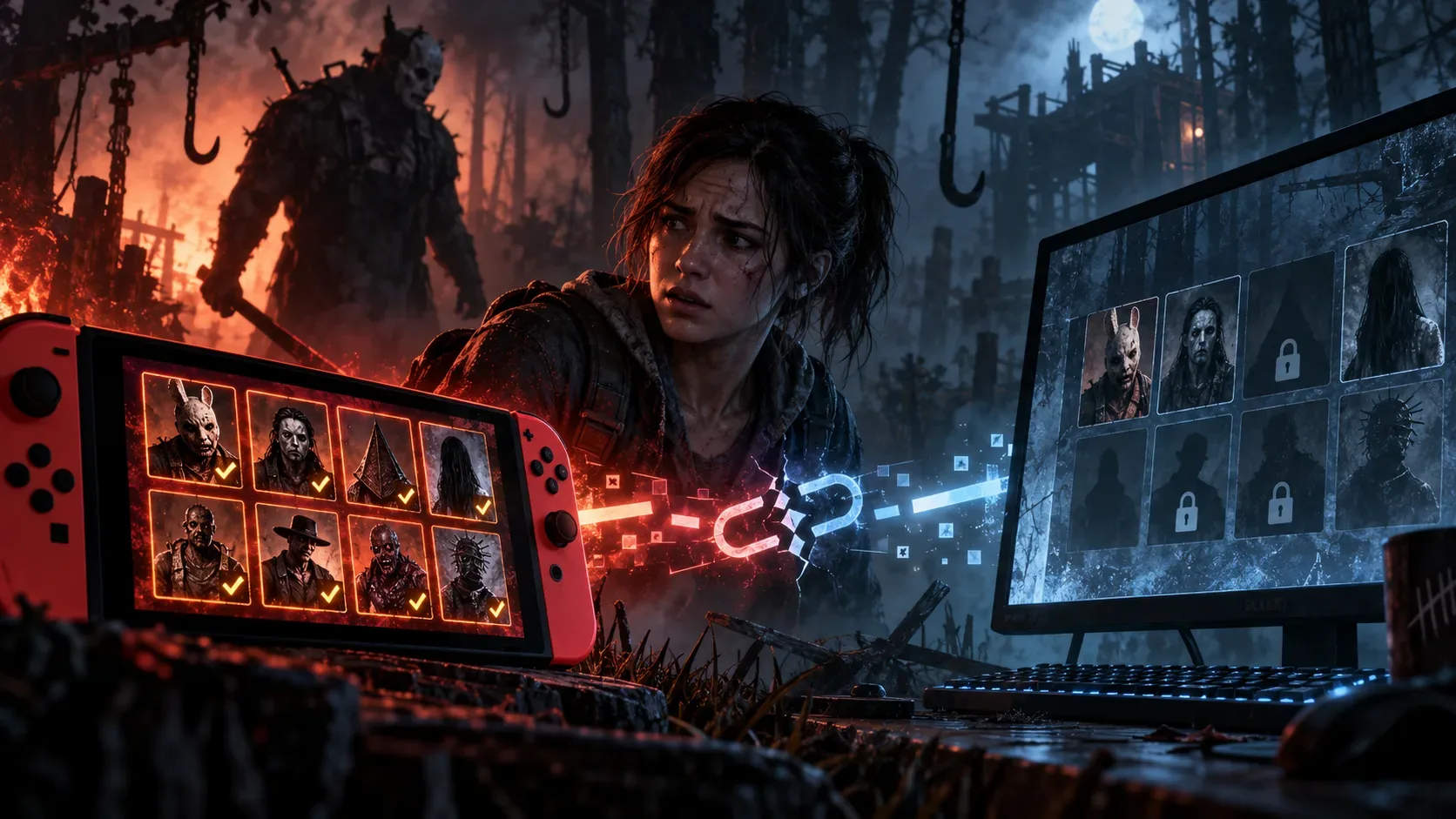 Capa de terror com console portátil exibindo personagens desbloqueados, monitor de PC com ícones bloqueados e conexão interrompida diante de uma sobrevivente.