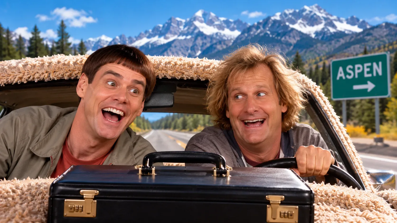 Dois homens sorridentes em um carro coberto de pelos, com uma maleta preta à frente, montanhas nevadas e uma placa para Aspen ao fundo.