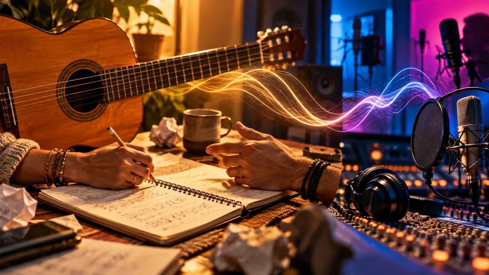 Mãos escrevendo em caderno de música ao lado de violão; ondas luminosas levam a microfone, fones e mesa de som em estúdio.