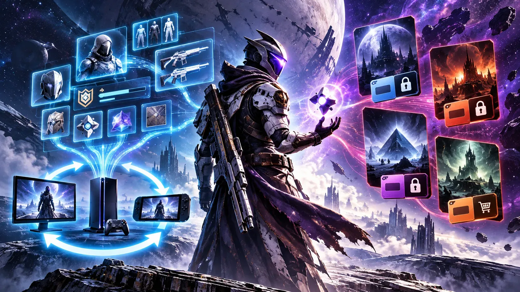 Guardião futurista ao centro, hologramas azuis de personagens e armas ligados a dispositivos à esquerda e cartões de conteúdos com cadeados à direita.