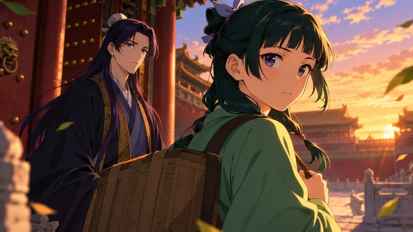 Ilustração em estilo anime de Maomao, com roupa verde e um cesto, olhando para trás diante de Jinshi, próximo ao portão de um palácio ao pôr do sol.