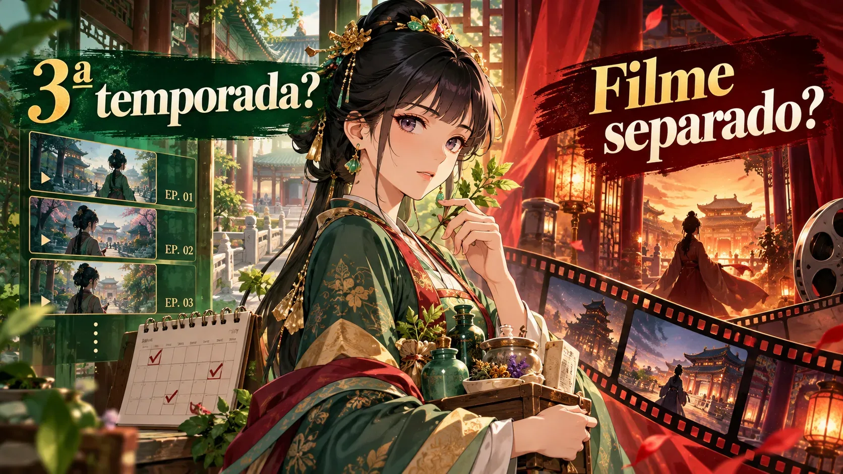 Ilustração em estilo anime de uma apotecária segurando ervas e frascos diante de um palácio; à esquerda, quadros de episódios e a pergunta “3ª temporada?”; à direita, uma película de cinema e a pergunta “Filme separado?”.