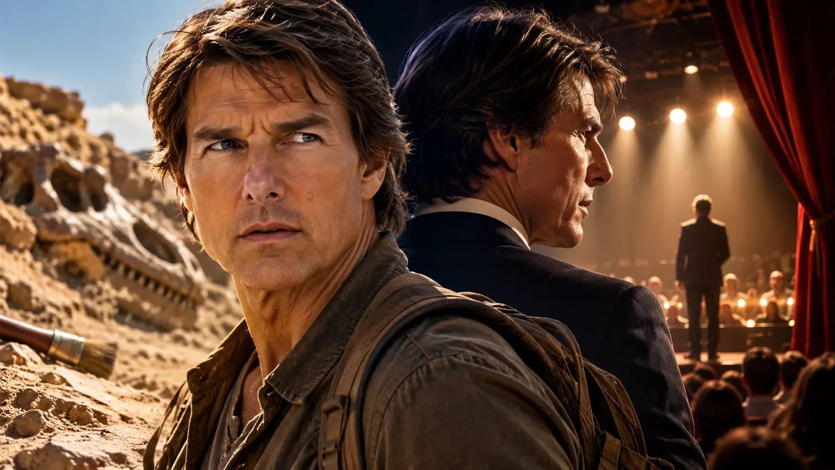 Capa ilustrativa com Tom Cruise em dois visuais, diante de um terreno rochoso e de um teatro com cortinas vermelhas e palco iluminado.