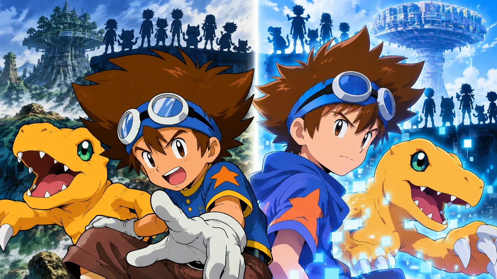 Ilustração dividida com Taichi e Agumon em duas versões, floresta verde à esquerda e cenário digital azul à direita.