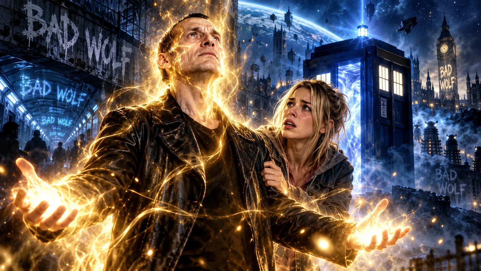 Homem de jaqueta preta envolto em energia dourada, jovem loira ao seu lado e cabine azul sob céu noturno, com inscrições Bad Wolf ao fundo.