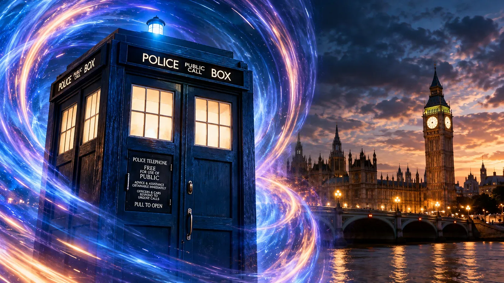 TARDIS azul diante de um vórtice luminoso, com o Parlamento britânico e o Big Ben ao fundo, em Londres ao entardecer.