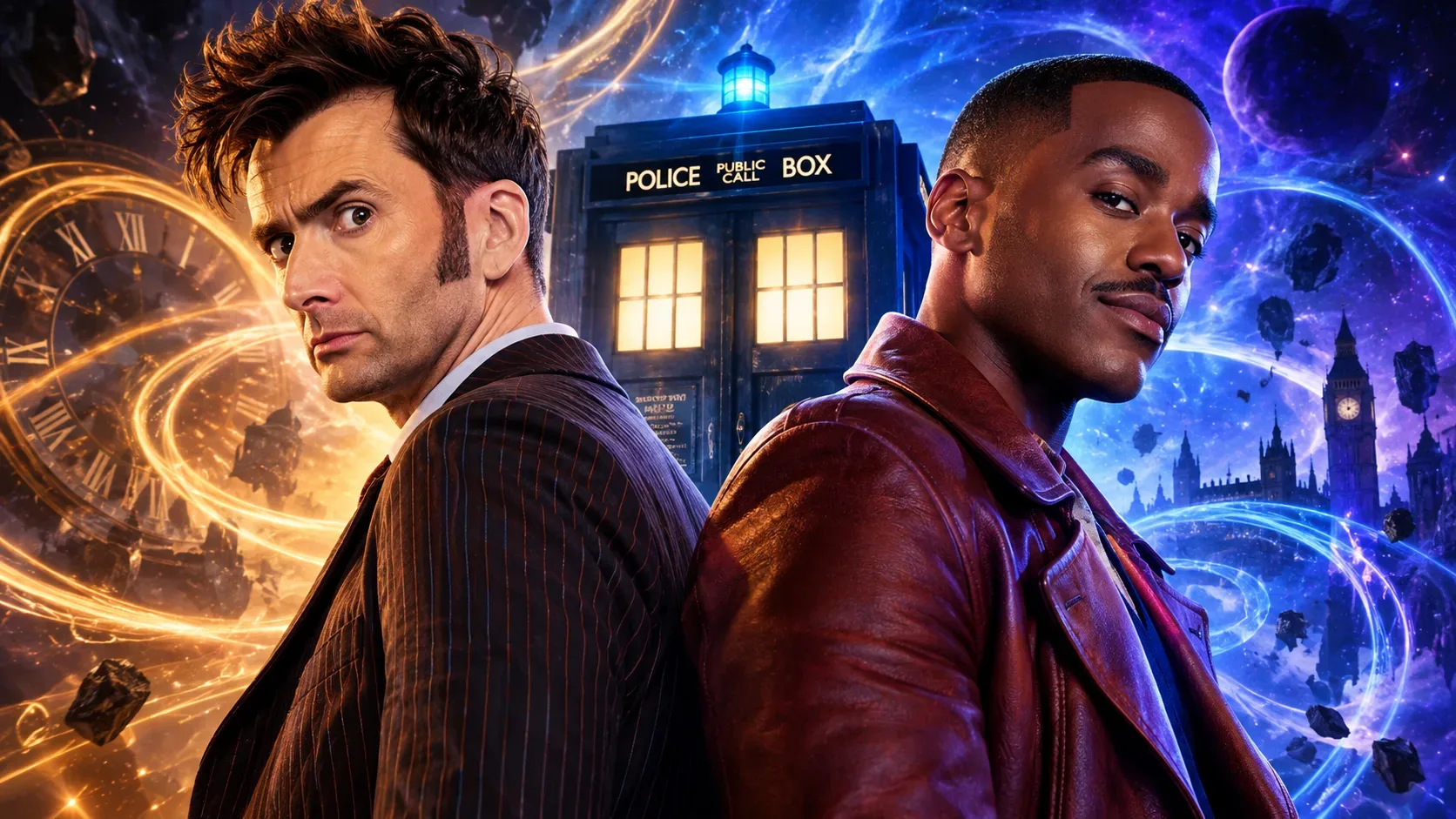 Ilustração do 14º e do 15º Doutores diante de uma TARDIS iluminada, com vórtices do tempo em tons de laranja e azul e relógios ao fundo.