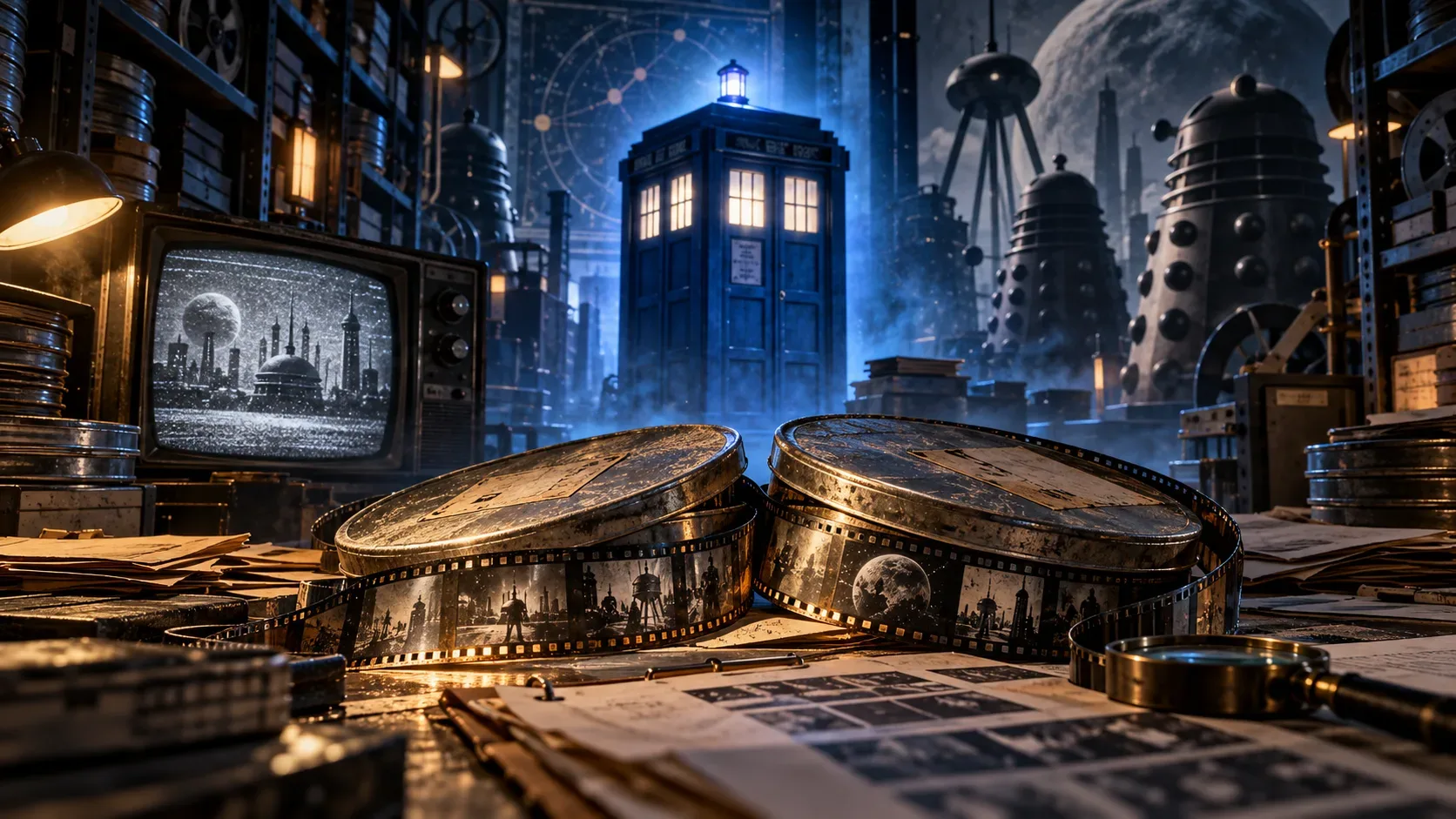 Latas e tiras de filme antigo sobre uma mesa de arquivo, televisão vintage à esquerda e cabine policial azul iluminada ao fundo, com silhuetas robóticas de ficção científica.