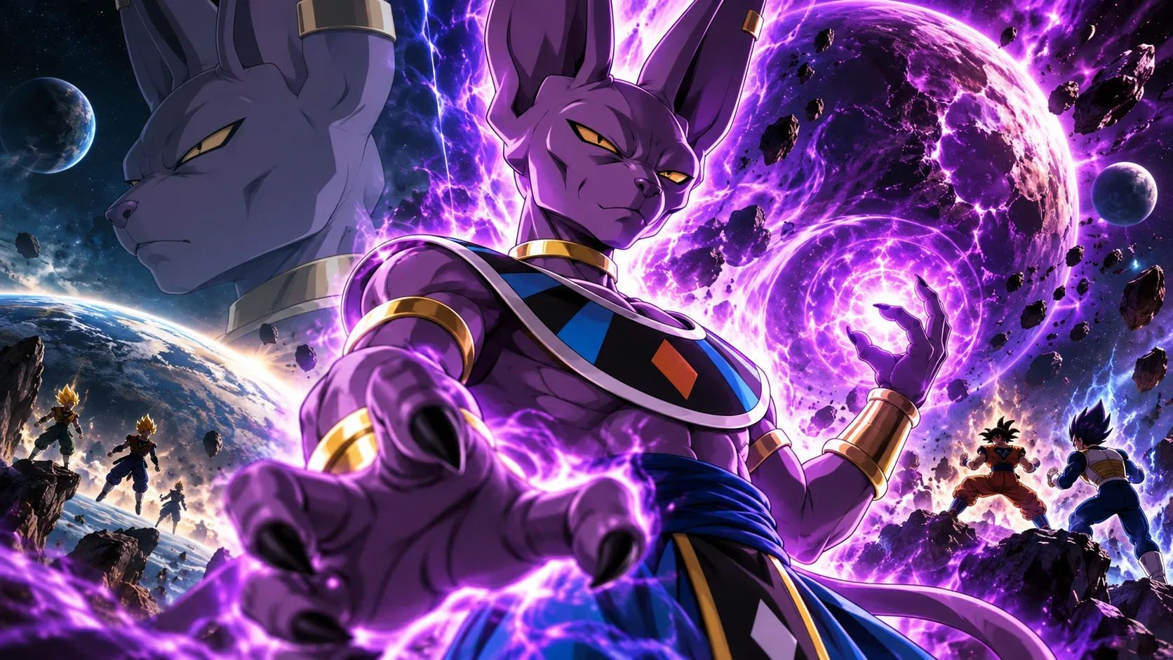 Beerus em destaque cercado por energia roxa no espaço, com planetas e guerreiros de Dragon Ball ao fundo.
