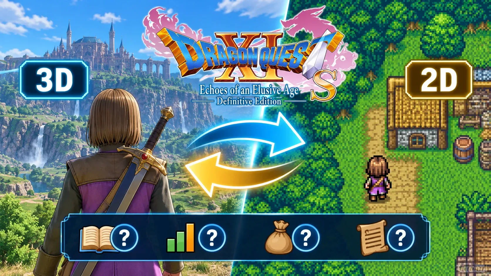 Arte dividida entre um reino 3D e uma vila em pixels 2D, com aventureiro de espada, setas de troca, logotipo do jogo e ícones de progresso.
