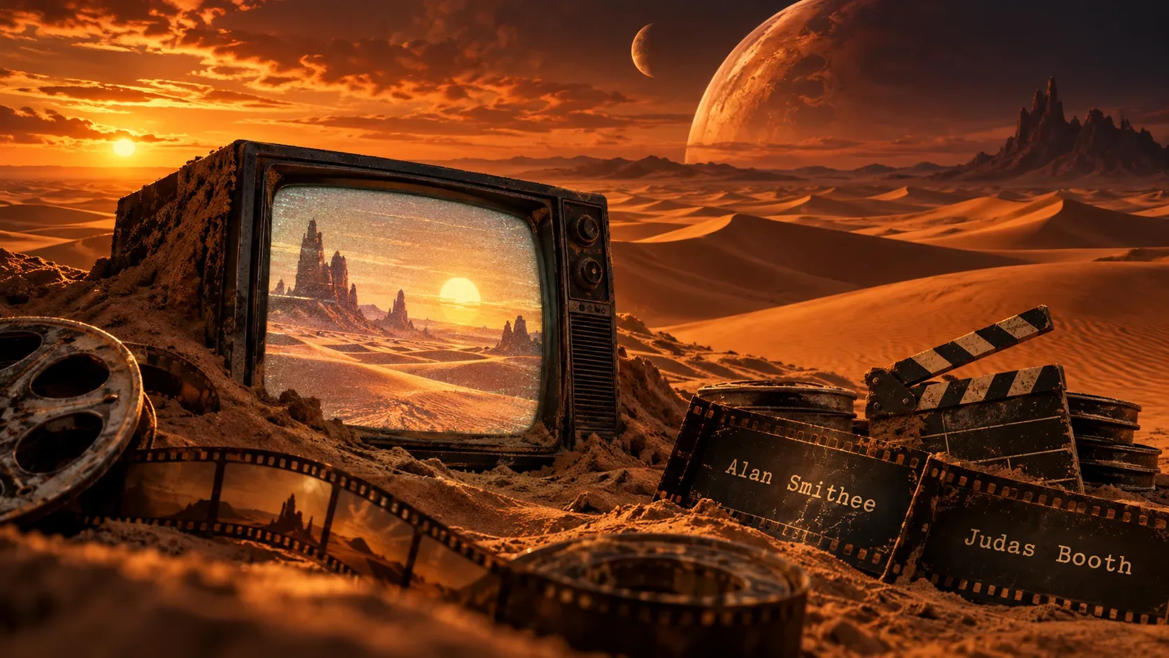 Televisor antigo semienterrado em dunas alaranjadas, cercado por rolos de filme e tiras com os nomes Alan Smithee e Judas Booth, sob um céu com planetas.