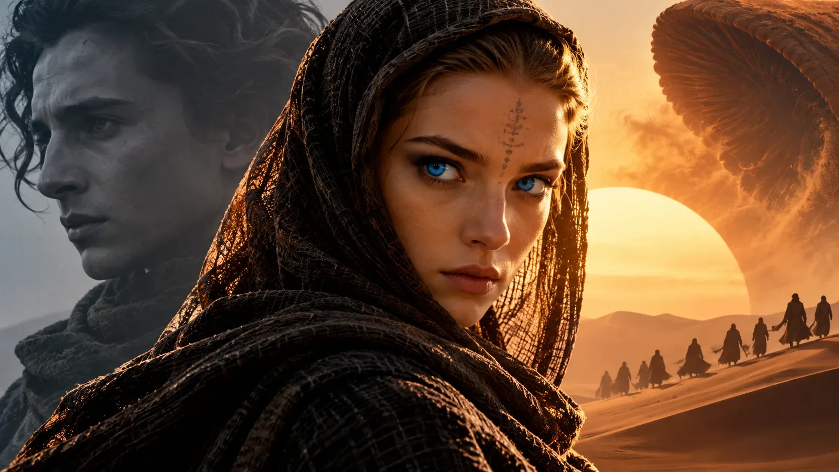 Arte editorial com mulher encapuzada de olhos azuis em destaque, perfil masculino em tons frios à esquerda e dunas iluminadas pelo pôr do sol, com figuras de manto e silhueta de verme de areia ao fundo.