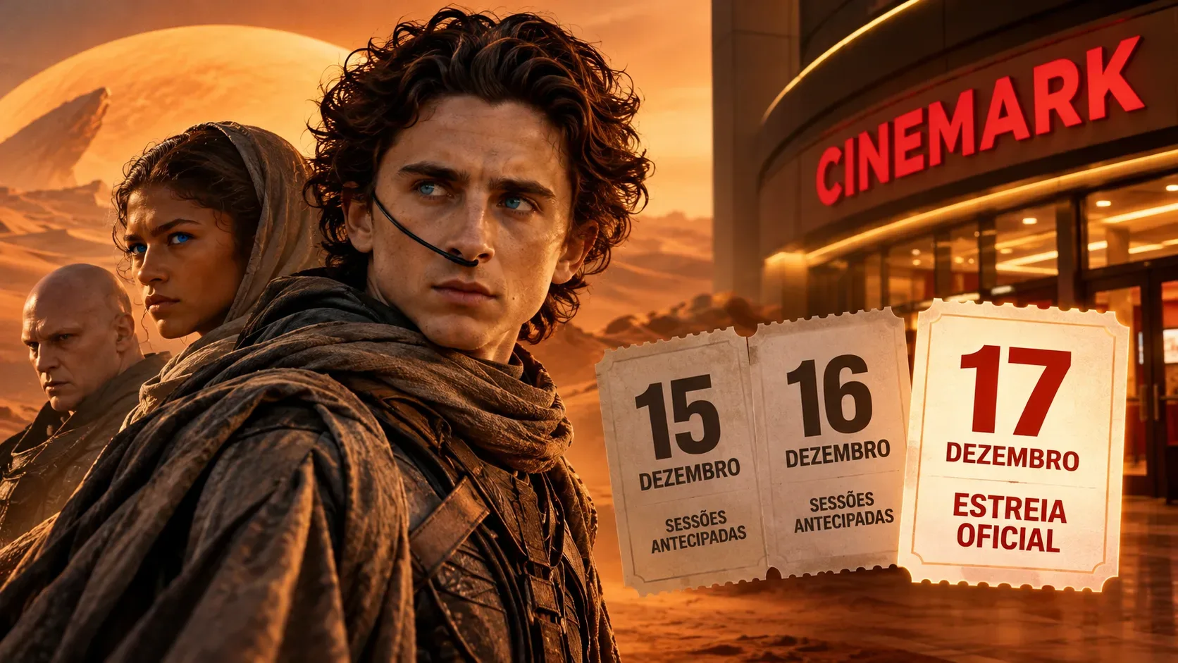 Arte com três figuras em roupas de deserto, fachada iluminada da Cinemark e ingressos com as datas 15, 16 e 17 de dezembro; o dia 17 aparece destacado como estreia oficial.