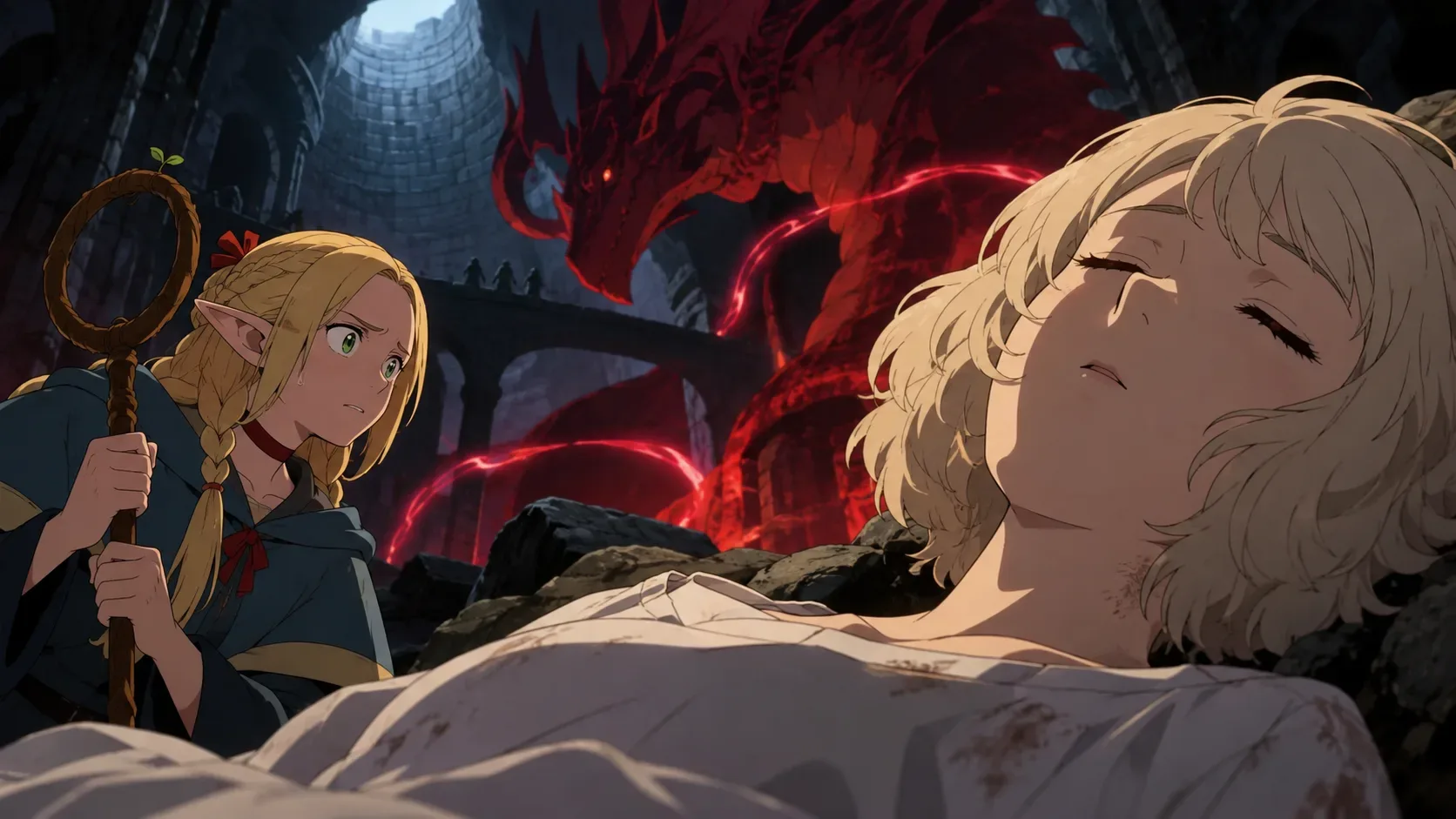 Ilustração em estilo anime de Marcille com cajado ao lado de Falin deitada, com um dragão vermelho ao fundo de uma masmorra escura.