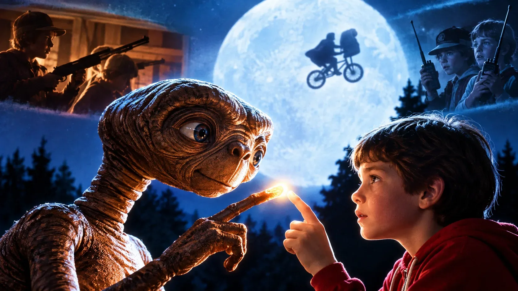 Arte editorial noturna com um extraterrestre e um menino quase tocando as pontas dos dedos diante de uma lua cheia; ao fundo, figuras com armas e rádios, além de uma bicicleta voadora.
