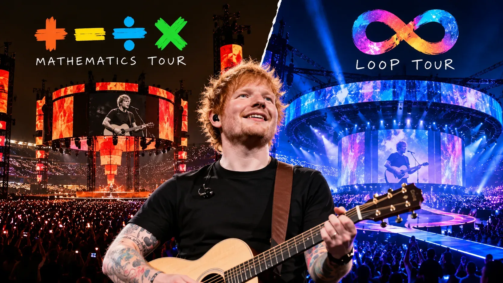 Montagem dividida com Ed Sheeran tocando violão ao centro, símbolos matemáticos sobre um estádio iluminado em vermelho à esquerda e um símbolo do infinito sobre palco azul à direita.