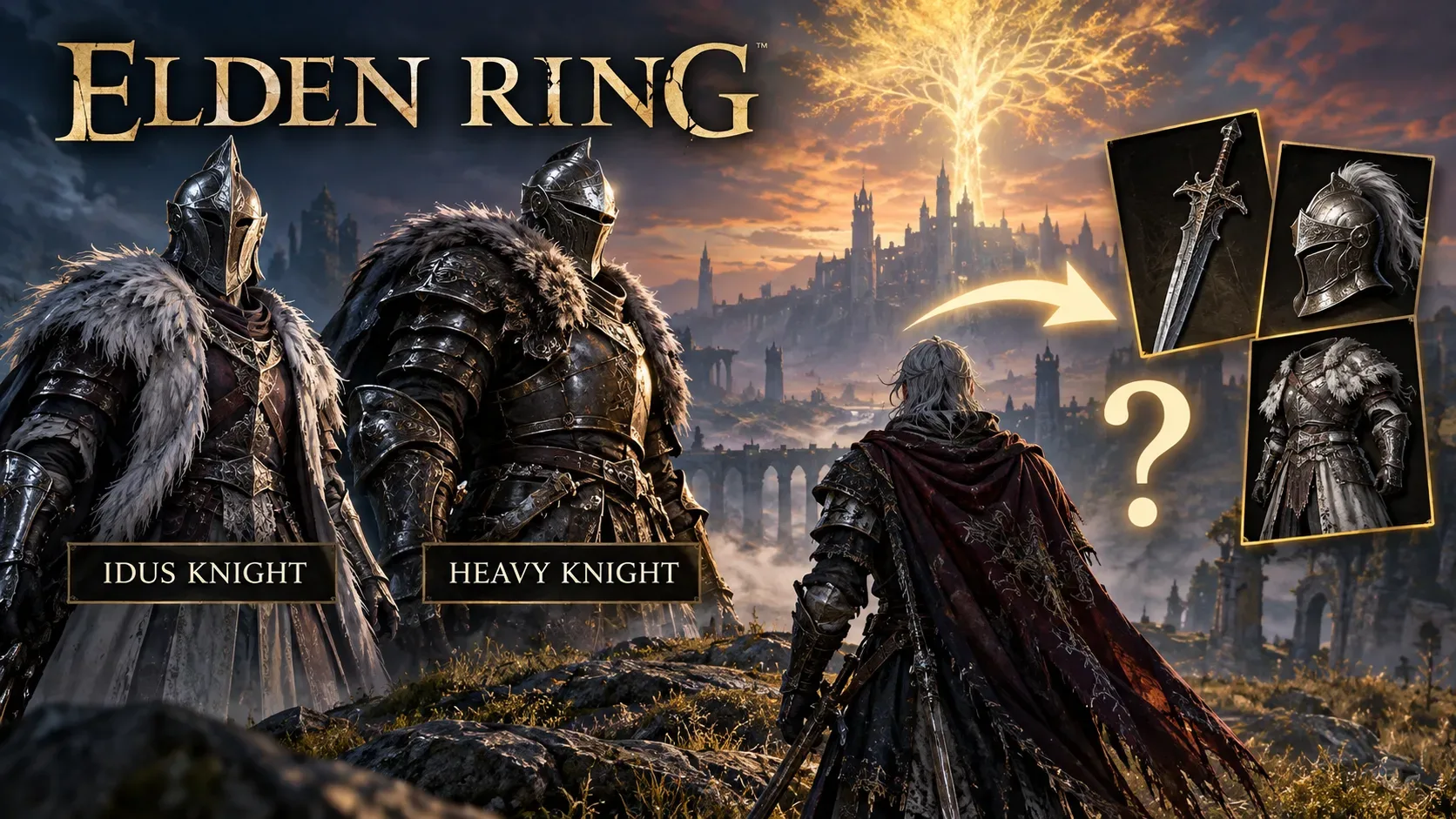 Arte de fantasia com o título Elden Ring, dois cavaleiros de armadura à esquerda, um aventureiro de costas diante de uma árvore dourada e quadros de equipamentos à direita.