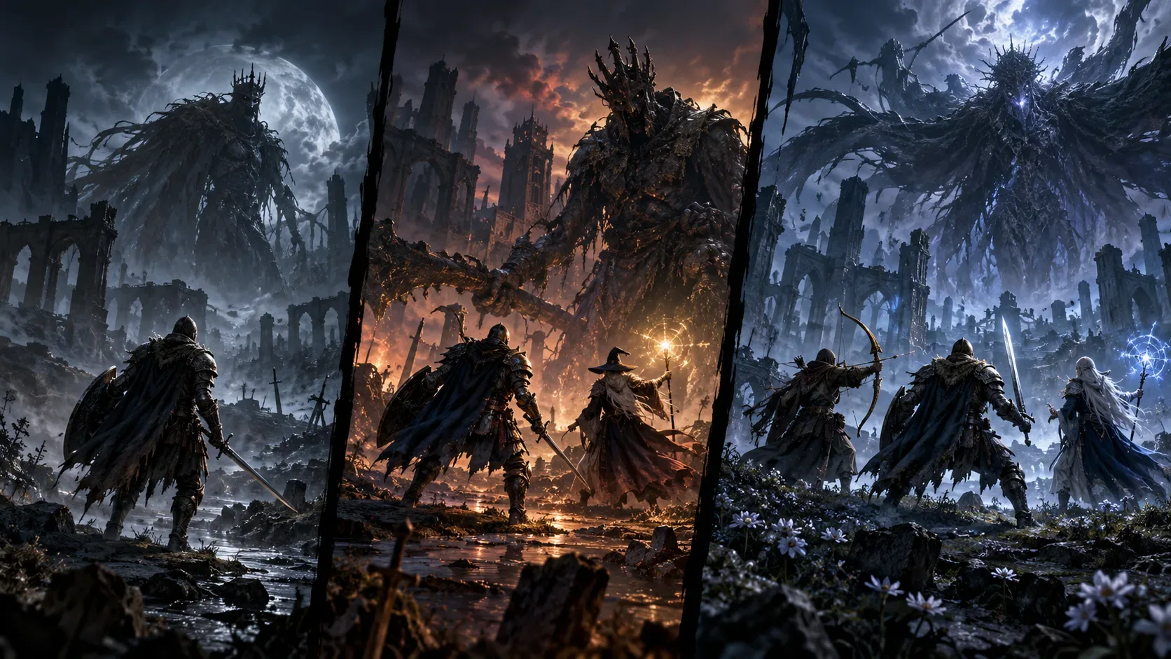 Arte de fantasia sombria dividida em três cenários, com um guerreiro sozinho, dois aventureiros juntos e um grupo de três diante de criaturas gigantes entre ruínas.