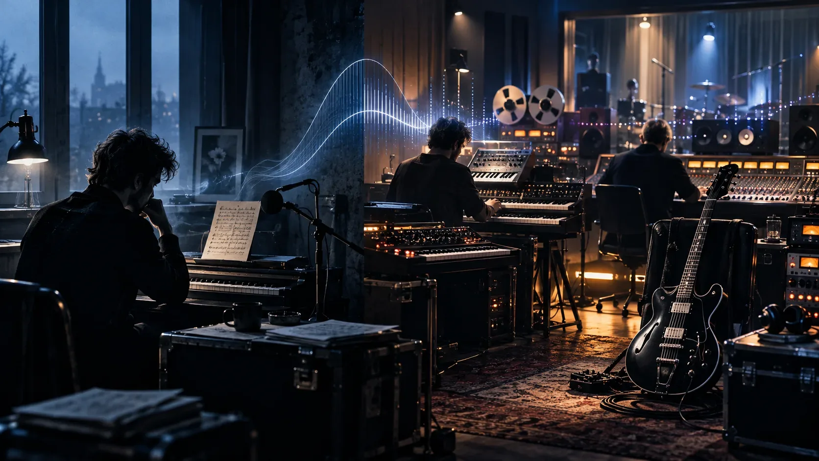 Estúdio dividido entre um músico ao teclado e produtores em equipamentos de gravação, com guitarra elétrica e ondas luminosas entre os ambientes.